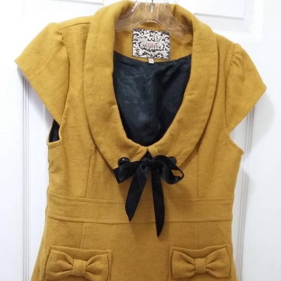 Wool Fashion Dress Pink Martini- mustard with bows - Picture 1 of 5